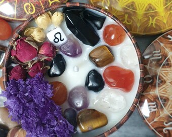 Zodiac Scented Candle with Necklace and Energy Spike Pendant - Carnelian Obsidian Tiger Eye Clear Quartz Amethyst - Flowers and Crystals -