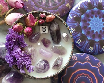 Sternzeichen Duft Blumen Kerze mit Halskette und Energiespitze Anhänger Amethyst Kristall Edelsteine Geburtstag Geschenk zu Ostern