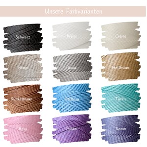 May include: A color chart showing 12 different colors of thread. The colors are: black, white, cream, beige, gray, light brown, dark brown, light blue, turquoise, pink, lavender, and denim.