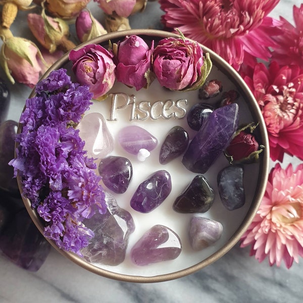Zodiac Silver - Scented Flower Crystal Candle with Necklace and Energy Tip Natural Stone Pendant - Amethyst - Birthday Gift Idea