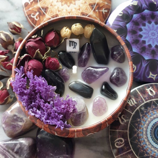 Sternzeichen Duft Kerze mit Halskette und Energiespitze Anhänger - Amethyst und Obsidian - Kerzen Blumen Kristalle - Geburtstag Geschenk