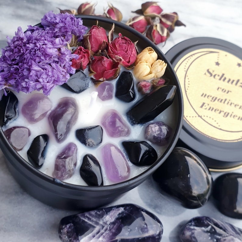 SCHUTZ vor NEGATIVEN TOXISCHEN Energien Kerze mit Halskette und Energiespitze Anhänger Amethyst und Obsidian Kristalle Geburtstag Geschenk zdjęcie 4