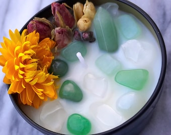 Crystal candle LUCKY RING candle with necklace and energy tip pendant natural stones aventurine jade rock crystal crystals gift