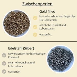 May include: Two close-up images of small, round beads. The first image shows gold-filled beads. The second image shows silver beads. Both images include text describing the beads as being water-resistant and of high quality.
