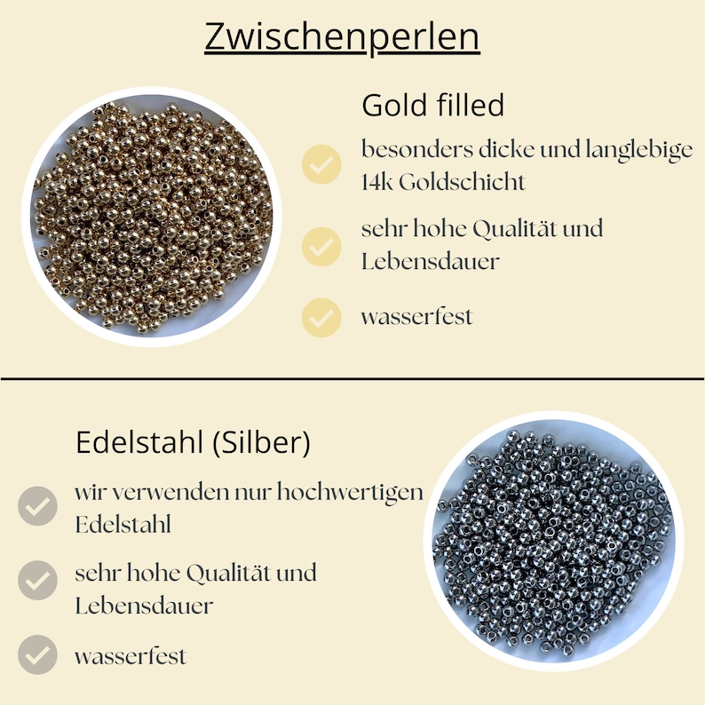 May include: Two close-up images of small, round beads. The first image shows gold-filled beads. The second image shows silver beads. Both images include text describing the beads as being water-resistant and of high quality.