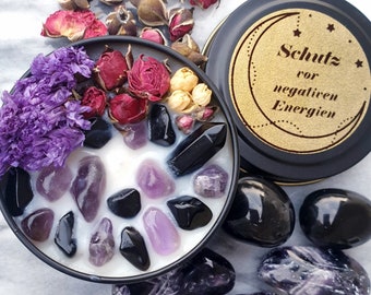 SCHUTZ vor NEGATIVEN TOXISCHEN Energien Kerze mit Halskette und Energiespitze Anhänger Amethyst und Obsidian Kristalle - Geburtstag Geschenk