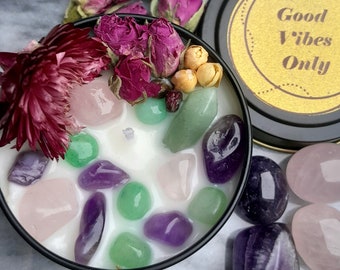 Crystal candle GOOD VIBES ONLY candle with necklace and energy tip pendant natural stones aventurine amethyst rose quartz crystals gift