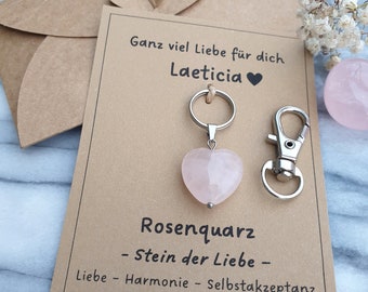 ROSE QUARTZ COEUR pendentif cristal chrystal porte-clés amour de soi carte personnalisée avec nom idée cadeau cristaux de la Saint-Valentin