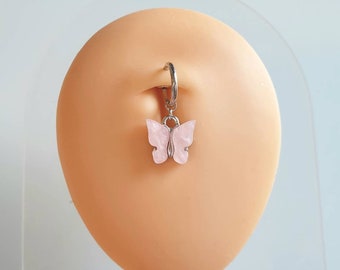 FALSO piercing en el ombligo de acero inoxidable con una mariposa plateada