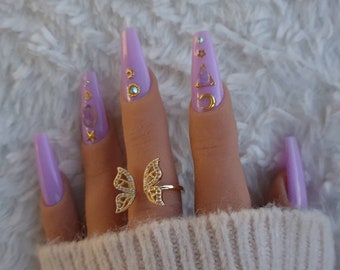 Nyx - Press On Nails Nails, artificial nails, stick-on nails, fake gel nails in purple with amethyst crystals and Swarovski with gold accents