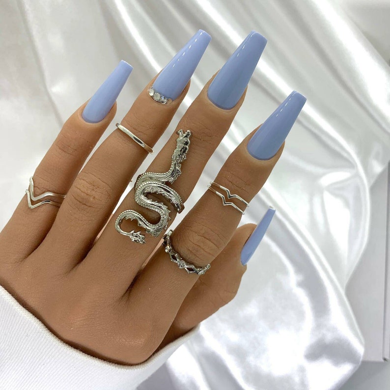 Cinderella Press On Nails Nails, artificial nails, stick-on nails, fake gel nails in pastel blue with SWAROWSKI stones, shiny, glossy image 1