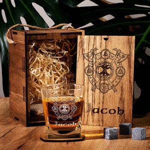 Personalized Viking Whiskey Glass Set: Norse Tree of Life, Compass, Engraved Wood Box
