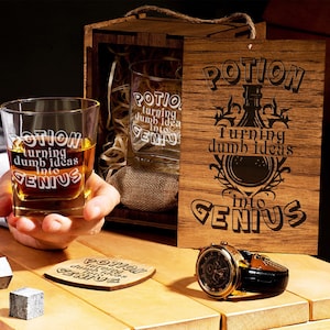Whiskey glass set in gift box potion turning dumb ideas into genius funny gift for him Christmas gift for dad Halloween gift for best friend