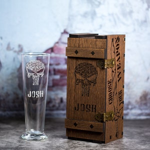 Personalized Beer Glass with Engraved Wood Box: Groomsmen Gift Set