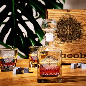 Norse mythology viking compass personalized whiskey decanter set viking symbol Vegvisir whiskey bourbon glasses gift for him Christmas gift