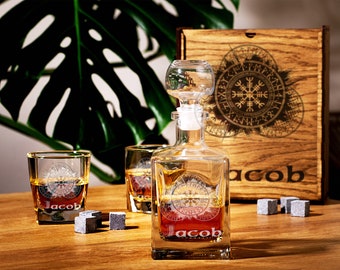 Ensemble de carafes à whisky personnalisées boussole viking mythologie nordique symbole viking Vegvisir whisky bourbon verres cadeau pour lui cadeau de Noël