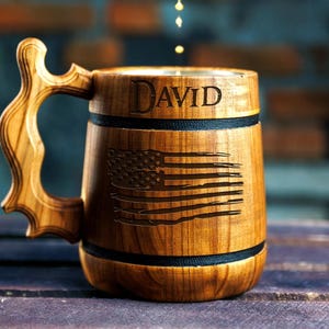 Personalized Wooden Beer Mug: Engraved Groomsmen Gift, American Flag Stein