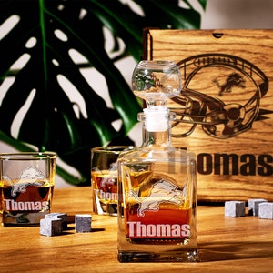 Carafe à whisky personnalisée pour fan de football : verre bourbon, boîte en bois, cadeau pour papa