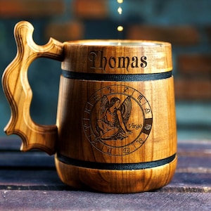 Wooden Beer Mug, Best Gift for Men, Virgo Zodiac Symbol Gift, Housewarming Gift, Birthday Gift, Gifts for Dad, Beer Mug for Groomsmen