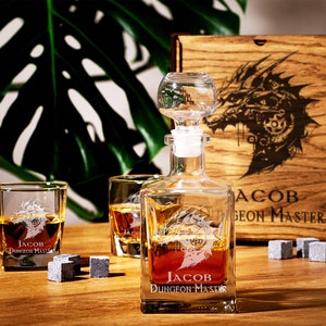 Game master personalized whiskey decanter set gift for gamer Whiskey gift set Christmas gift for him steampunk dragon gift for dad