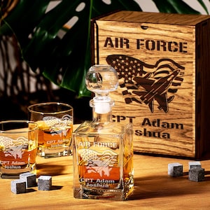 Custom Whiskey Military Gift Set- Military Gift, Engraved Whiskey Decanter, Retirement Military, Deployment Gift, American flag