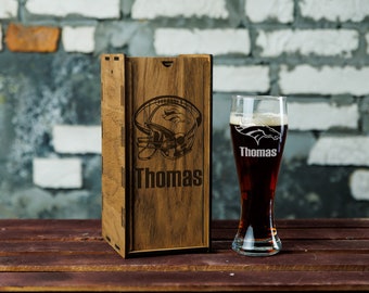 Personalized Denver Football Beer Glass with Optional Engraved Wood Box