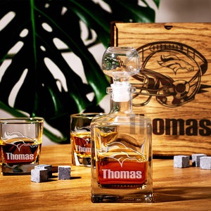 Personalized decanter Denver football Glass Father&#39;s day Gift for him boyfriend gift American football Birthday gift Retirement gifts