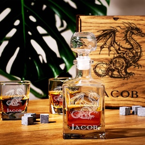 steampunk dragon Game master personalized whiskey decanter set gift for gamer Whiskey gift set Christmas gift for him  gift for dad