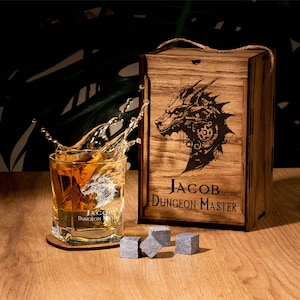 Game master personalized whiskey glass set gift for gamer Whiskey gift set Christmas gift for him steampunk dragon gift for dad