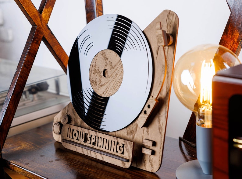 Now Spinning Vinyl Record Stand, Wooden Tabletop Record Display, Now Playing Vinyl Record Holder image 1