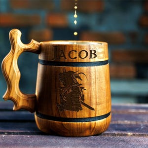 Custom Tankard, Samurai Mug Wooden, Tankard Beer Stein, Mug Personalized Gamer, Gift For Him, Wooden Beer Mug Gift for Husband, Ninja Gift