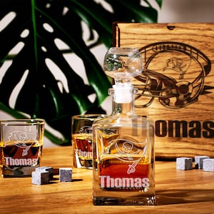Personalized whiskey set Tampa football  team Bourbon glass Whiskey glass decanter Dad gifts  Whiskey Glass in wood box Gift for men