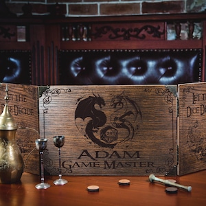 Handcrafted Oak Veneer Game Master Screen: Dragon Engraved RPG