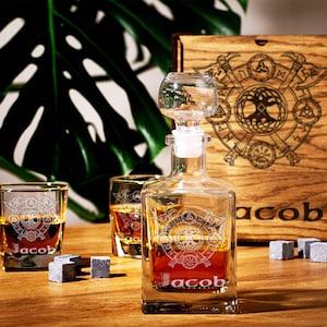 Tree of life Norse mythology viking axe personalized whiskey decanter set viking symbol compass Vegvisir bourbon glasses gift for him