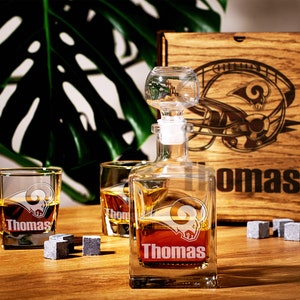Coffret cadeau personnalisé carafe à whisky football : verres à bourbon, boîte en bois