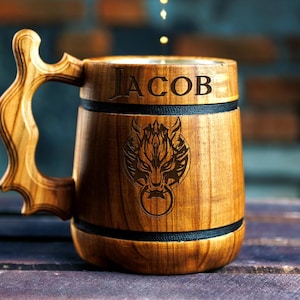 Custom Engraved Beer Mug, Personalized Gift for Him, Wolf Fenrir Mug, Viking Wood Mug, Bachelor Party, Wedding Gift, Rustic Viking Tankard
