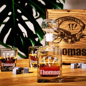 Personalized Football Team Decanter whiskey in wooden box Bourbon glass Whiskey glass set Christmas gift Cleveland football Mens gifts