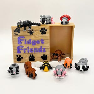 May include: A wooden box with the words "Fidget Friends" on the front. The box is open and contains a variety of small, colorful, 3D printed animal figurines, including a bee, a spider, a ladybug, a cat, a squirrel, a fox, a raccoon, and a possum.