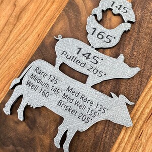 Puede incluir: Una gu&iacute;a de metal con diferentes formas de animales y temperaturas internas para cocinar carne. La gu&iacute;a incluye temperaturas para poco hecha, al punto, poco hecha, al punto, bien hecha y cerdo desmenuzado.