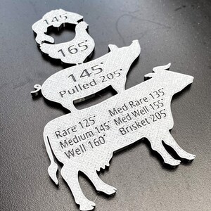 Puede incluir: Un recorte de metal de una vaca, un cerdo y un pollo con pautas de temperatura interna para cocinar diferentes cortes de carne. La vaca tiene el siguiente texto: "Rare 125", "Medium 145", "Med Well 155", "Well 160", "Brisket 205". El cerdo tiene el texto "145", "Pulled 205". El pollo tiene el texto "145", "165".