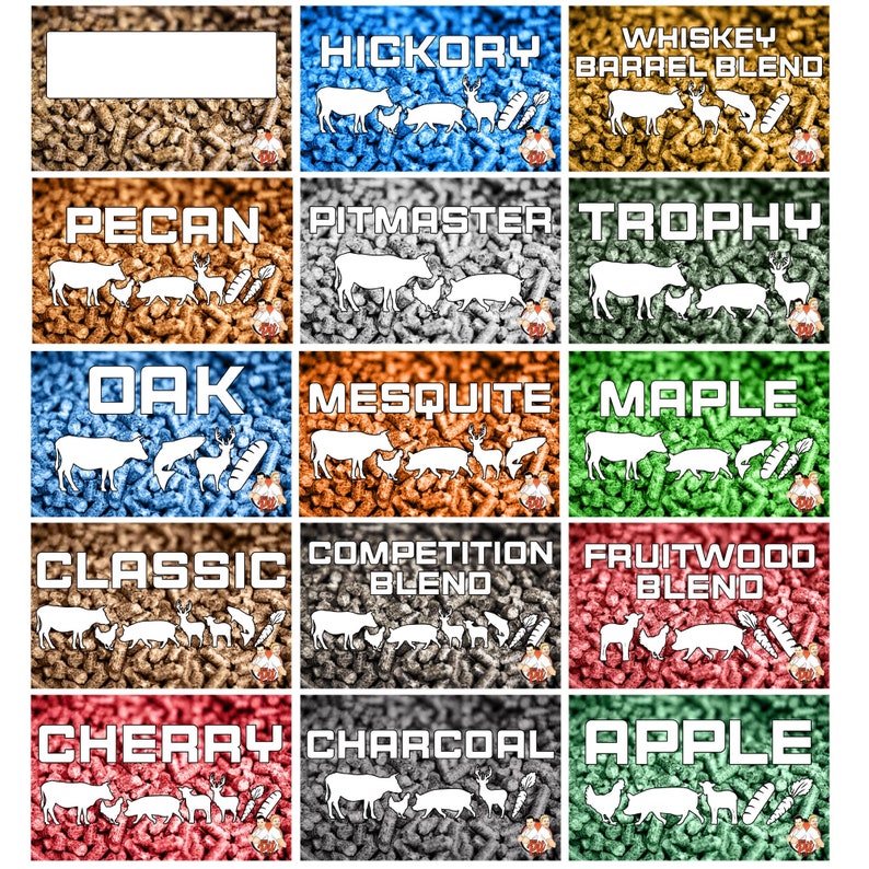 Pu&ograve; includere: Una griglia di miscele di pellet di legno con vari gusti, tra cui Hickory, Whiskey Barrel Blend, Pecan, Pitmaster, Trophy, Oak, Mesquite, Maple, Classic, Competition Blend, Fruitwood Blend, Cherry, Charcoal e Apple. Ogni etichetta presenta un colore e un'illustrazione unici.