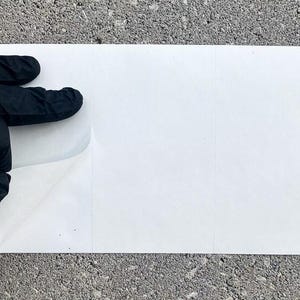 Pu&ograve; includere: Un adesivo rettangolare bianco con angoli arrotondati viene staccato da una mano guantata. L'adesivo &egrave; diviso in tre sezioni verticali. Lo sfondo &egrave; una superficie di cemento grezza e grigia.