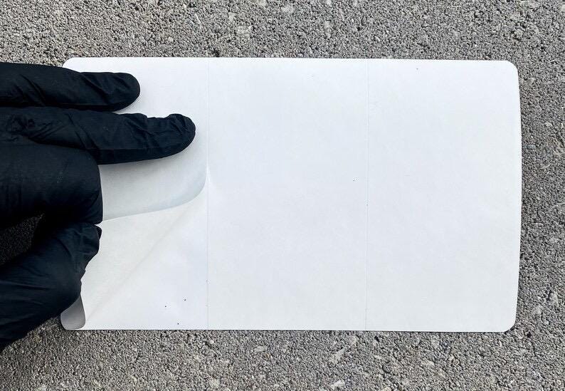 Pu&ograve; includere: Un adesivo rettangolare bianco con angoli arrotondati viene staccato da una mano guantata. L'adesivo &egrave; diviso in tre sezioni verticali. Lo sfondo &egrave; una superficie di cemento grezza e grigia.