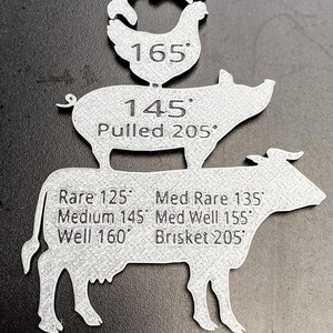 Puede incluir: Una gu&iacute;a de metal con diferentes formas de animales y temperaturas internas para cocinar. La gu&iacute;a incluye un pollo, un cerdo y una vaca con diferentes temperaturas internas para poco hecho, poco hecho, medio, medio hecho, bien hecho y brisket.