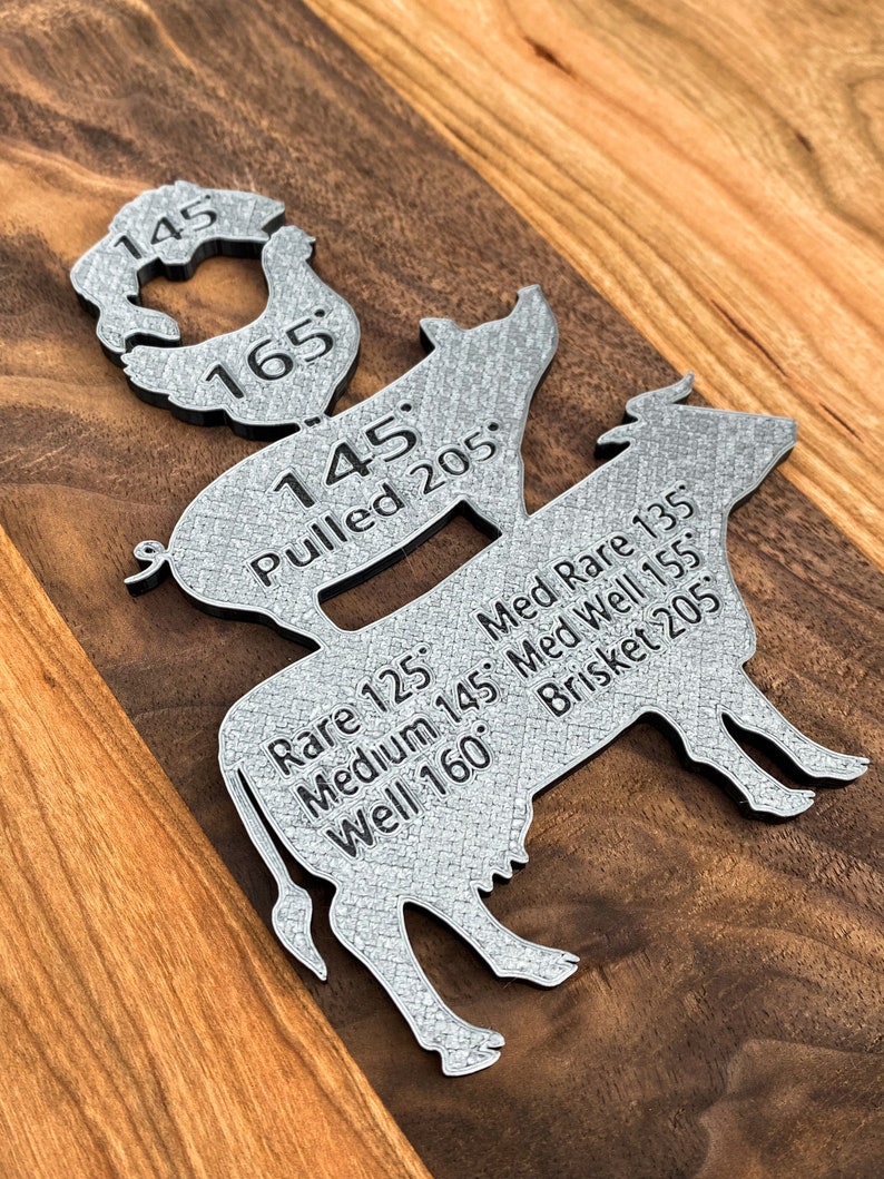 Puede incluir: Una gu&iacute;a de metal para cocinar carne a diferentes temperaturas. La gu&iacute;a presenta un pollo, un cerdo y una vaca con rangos de temperatura interna para poco hecho, medio, poco hecho, medio, bien hecho y cerdo desmenuzado.