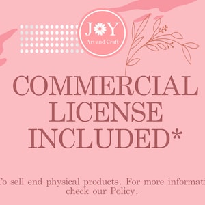 Op de afbeelding: Roze en witte afbeelding met de tekst "JY Art and Craft" en de woorden "COMMERCIAL LICENSE INCLUDED*" in een bruin lettertype. De tekst hieronder luidt "*Om fysieke eindproducten te verkopen. Voor meer informatie, bekijk ons beleid."