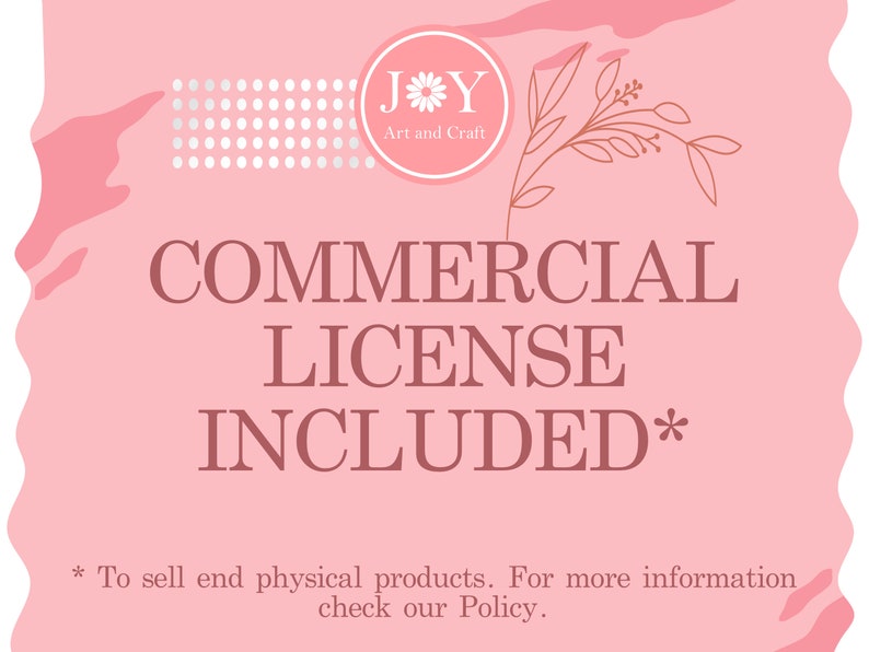 Op de afbeelding: Roze en witte afbeelding met de tekst "JY Art and Craft" en de woorden "COMMERCIAL LICENSE INCLUDED*" in een bruin lettertype. De tekst hieronder luidt "*Om fysieke eindproducten te verkopen. Voor meer informatie, bekijk ons beleid."