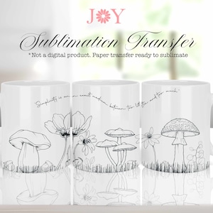 May include: Three white mugs with black line drawings of mushrooms and flowers. The text "Simplicity is an exact medium between too little and too much." is printed on the mugs.