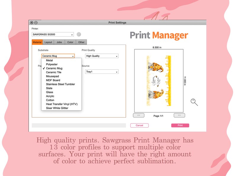 Op de afbeelding: Een computerscherm waarop de Sawgrass Print Manager-software wordt weergegeven. De software heeft een vervolgkeuzemenu om het te bedrukken materiaal te selecteren, waaronder keramische mok, metaal, polyester, keramische tegel, muismat, MDF-plaat, roestvrijstalen beker, leisteen, glas, acryl, katoen, transferfolie en Siser wit glitter. De software heeft ook een vervolgkeuzemenu om de afdrukkwaliteit te selecteren, die is ingesteld op "Hoge kwaliteit". De software heeft ook een vervolgkeuzemenu om de bron te selecteren, die is ingesteld op "Lades 1". De software heeft ook een voorbeeldvenster dat een ontwerp toont van twee cartoon-bijen met een honingraatachtergrond. Het voorbeeldvenster is gelabeld "Pagina 1/1". De software heeft ook knoppen voor "Annuleren" en "Afdrukken".