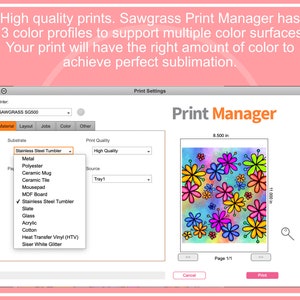 May include: A computer screen displaying the Sawgrass Print Manager software. The software has a drop-down menu with a list of materials, including stainless steel tumblers, metal, polyester, ceramic mugs, ceramic tile, mousepads, MDF board, slate, glass, acrylic, cotton, heat transfer vinyl, and Siser white glitter. The software also has a preview window showing a colorful design of flowers on a light blue background. The design is 8.5 inches by 11 inches.